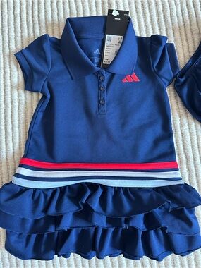 adidas Navy Polo Ruffle Dress with Red Accent and Striped Waist
